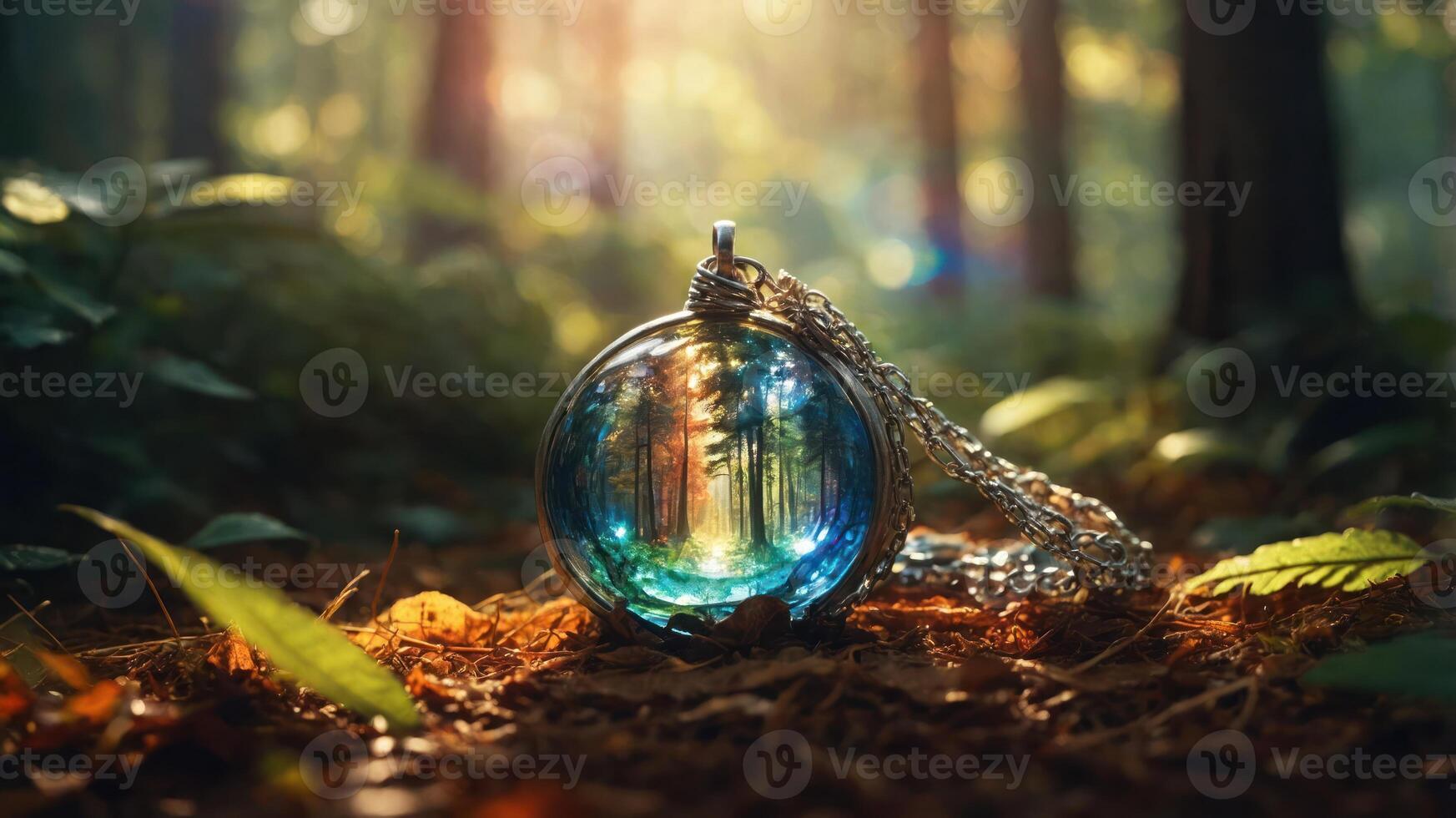 A crystal orb reflecting a forest scene, resting on earthy ground amidst foliage. photo
