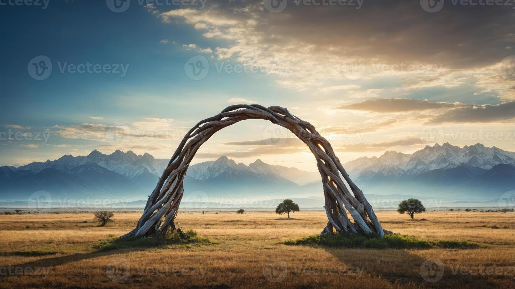 A wooden arch structure against a mountainous landscape at sunrise. photo