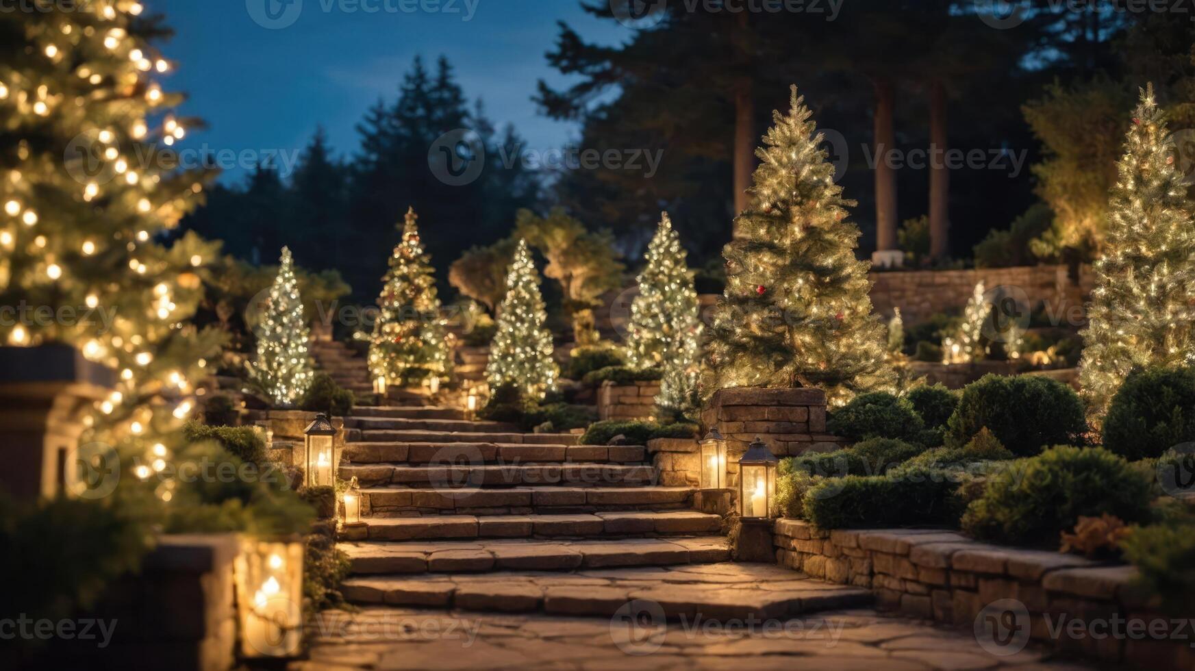 A beautifully lit pathway lined with Christmas trees and lanterns in a serene outdoor setting. photo