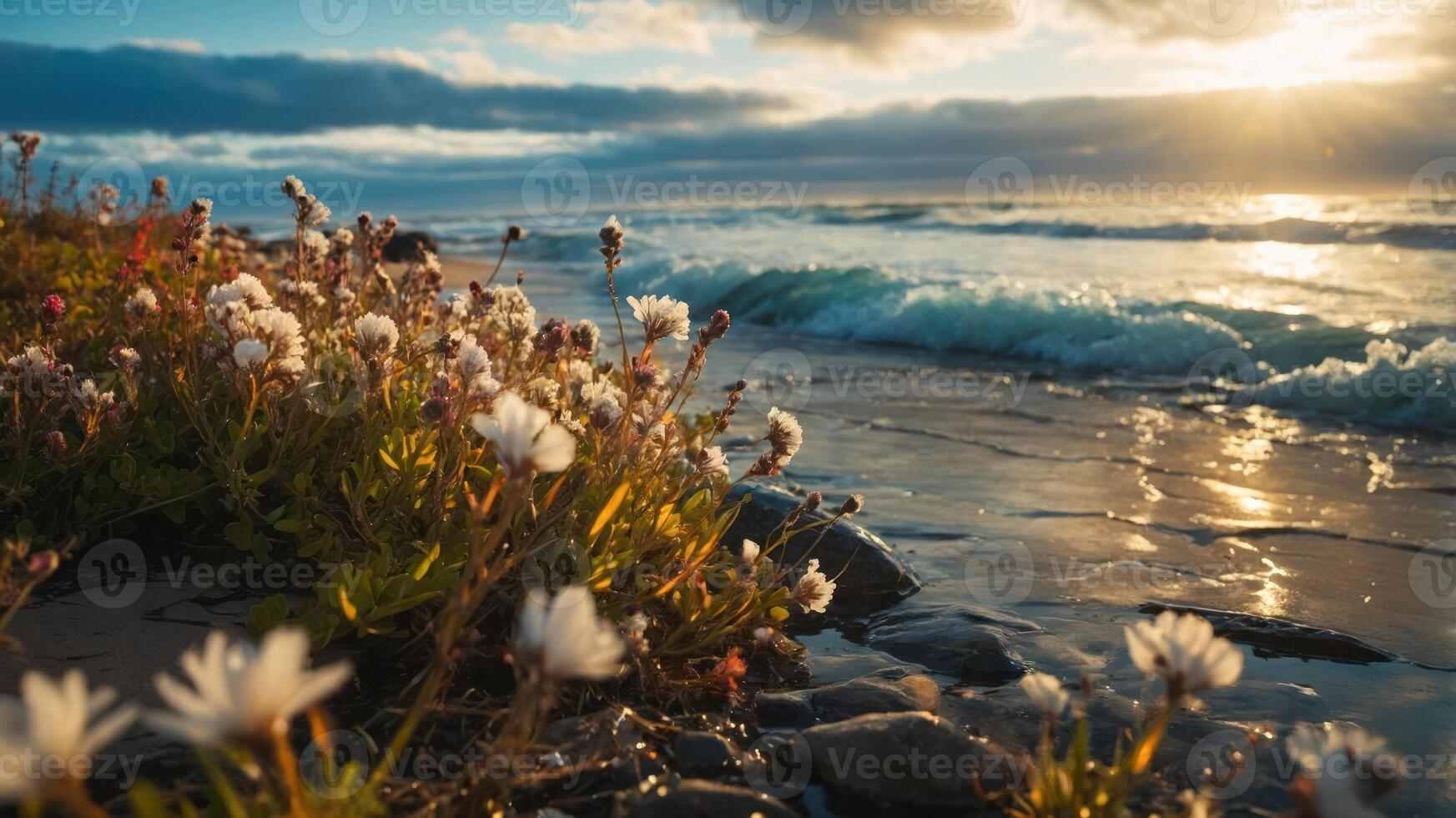 A serene coastal scene with flowers, waves, and a sunset. photo