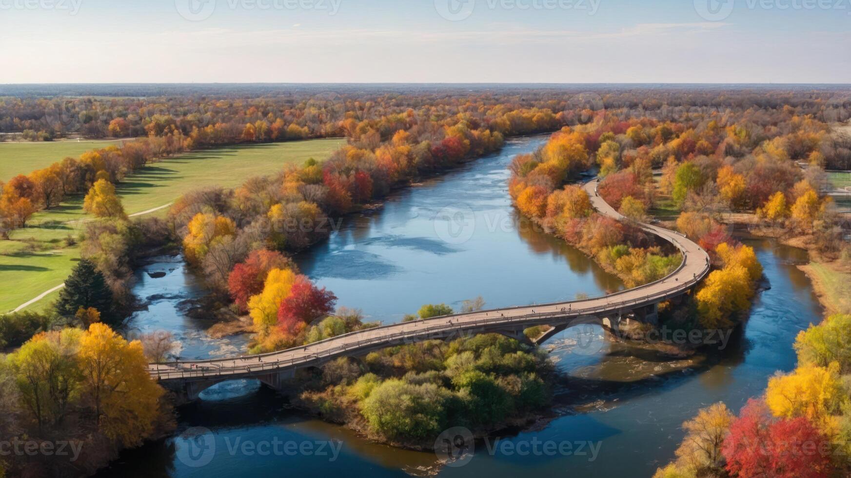 Aerial view of a winding river with a bridge surrounded by vibrant autumn foliage. photo