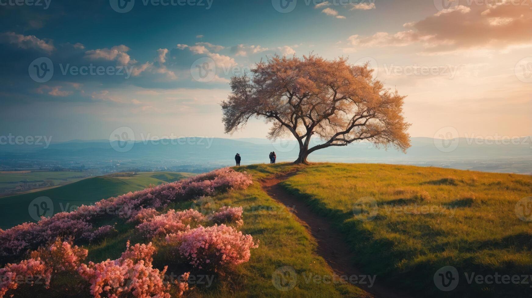 A serene landscape with a blooming tree and two figures walking along a path. photo