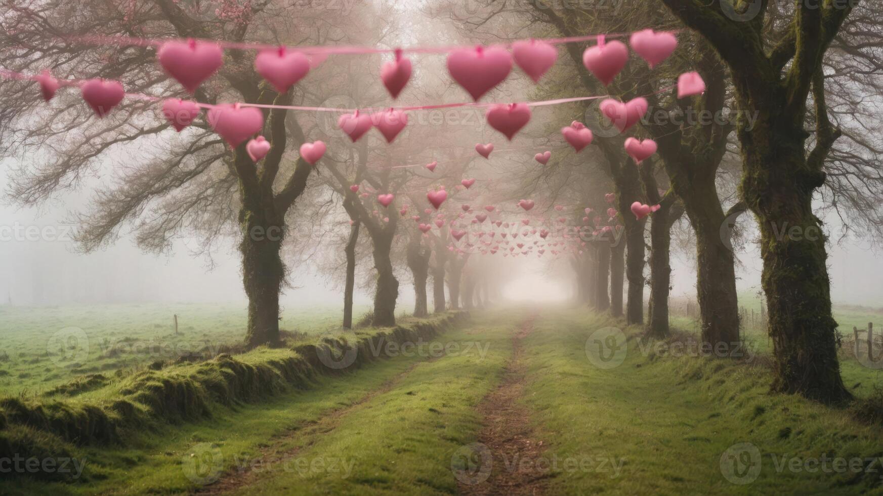 A misty pathway lined with trees and pink heart decorations, creating a romantic atmosphere. photo