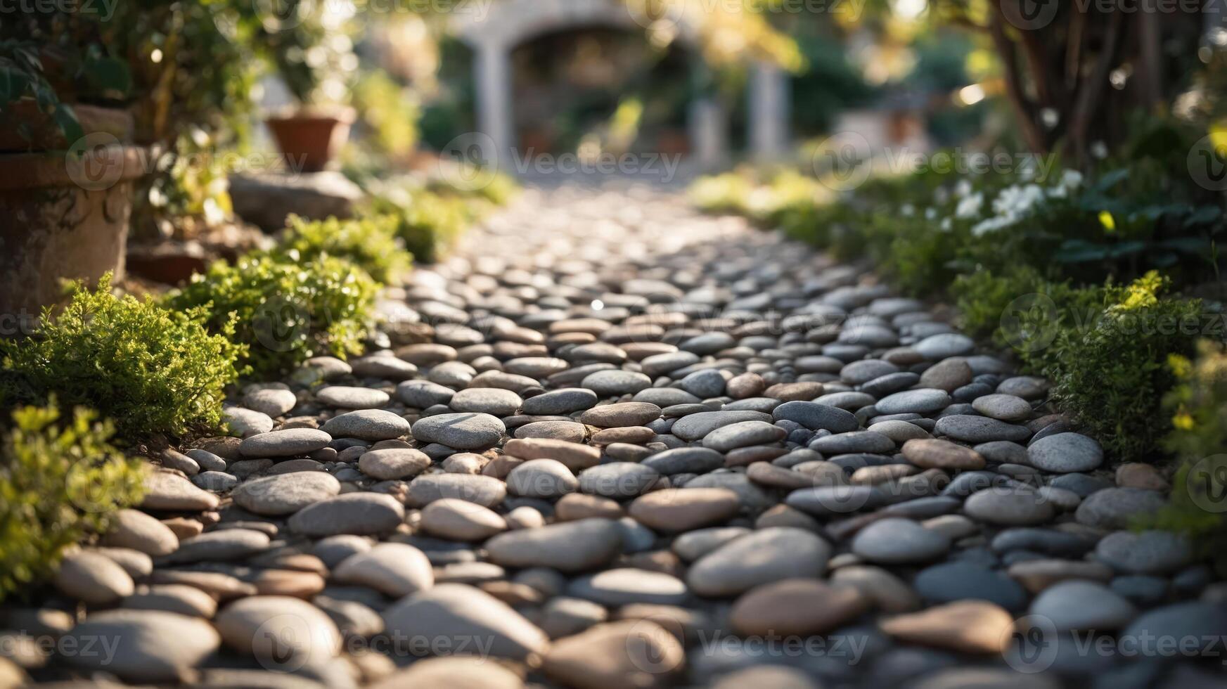A serene garden pathway made of smooth stones, bordered by lush greenery and plants. photo