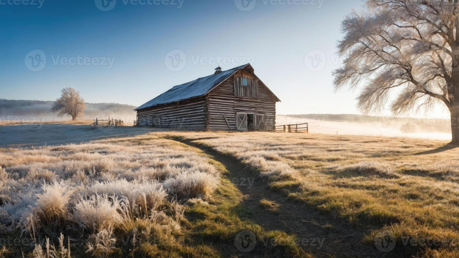 A serene winter landscape featuring a rustic barn surrounded by frosty grass and trees. photo