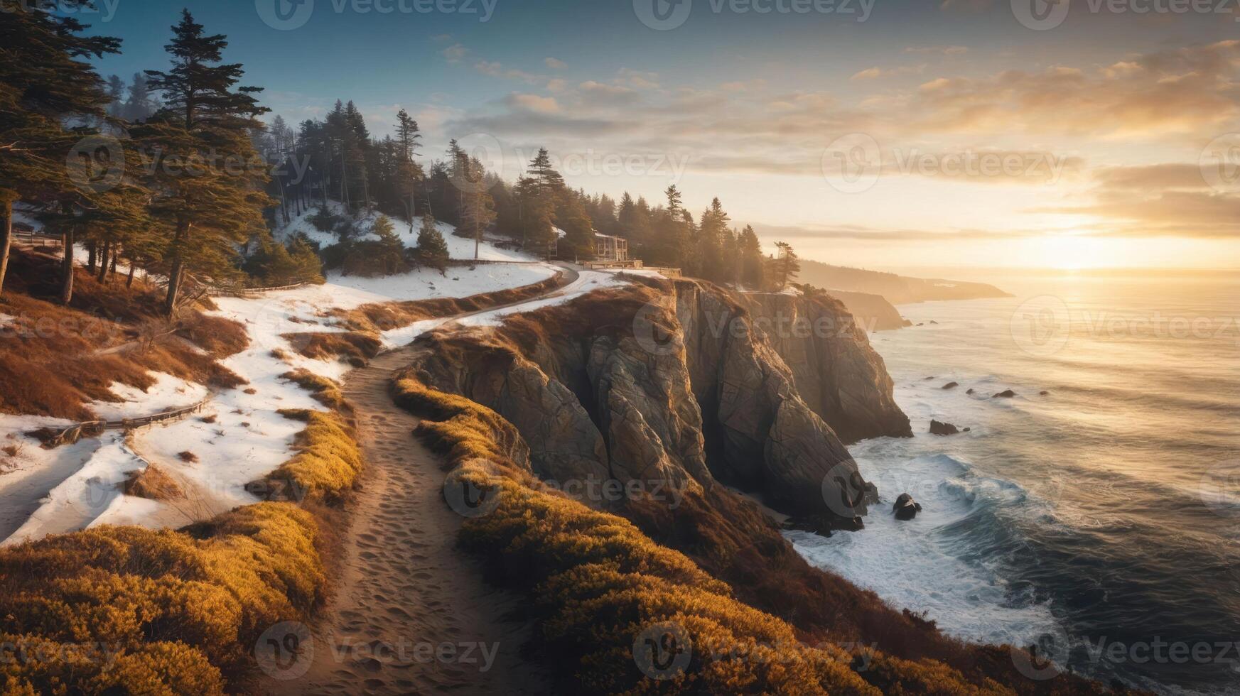 Scenic coastal landscape at sunset with cliffs, ocean, and snow-covered paths. photo