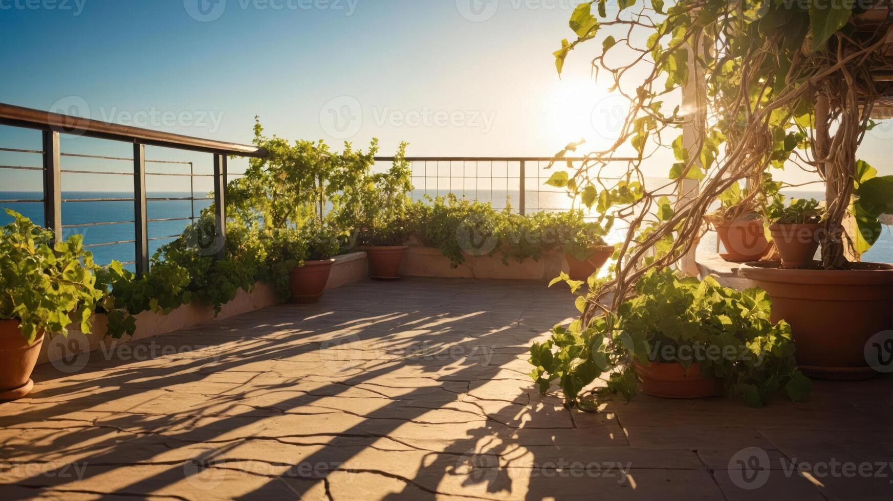 A sunlit terrace adorned with potted plants, offering a serene view of the horizon. photo