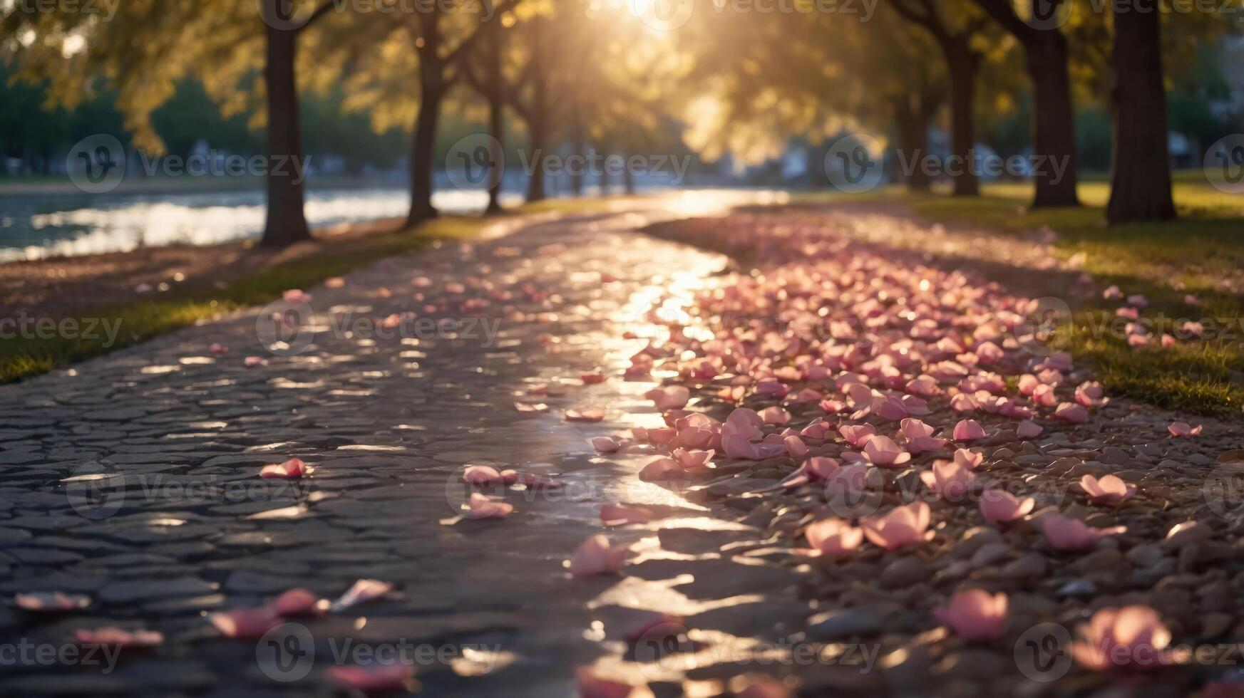 A serene pathway lined with fallen pink petals under soft sunlight. photo