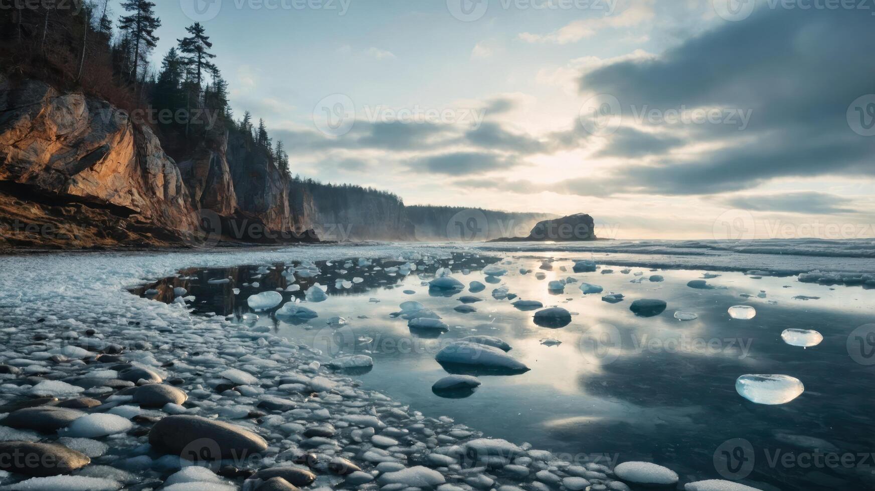 Serene coastal landscape with ice formations reflecting in calm water at sunset. photo