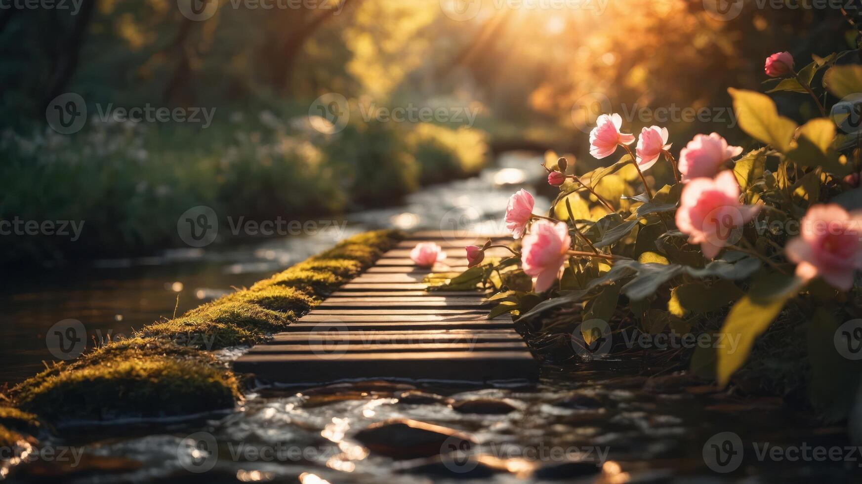 A serene pathway alongside a stream adorned with blooming roses in a tranquil setting. photo