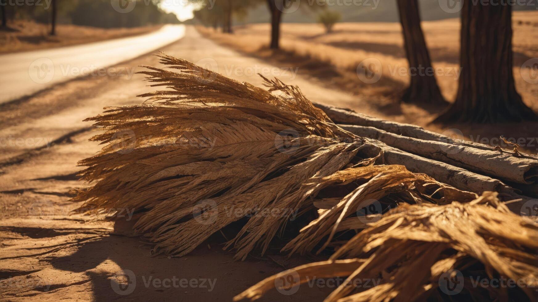 A close-up of dried palm fronds on a dusty road, with trees in the background. photo