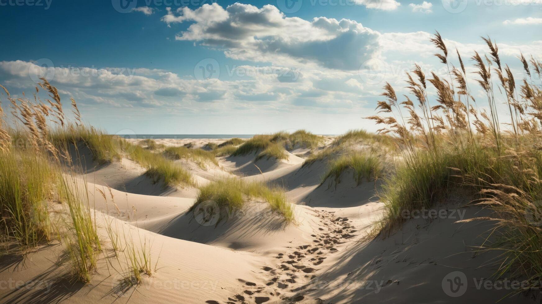 Serene sand dunes with grass under a bright sky, leading to the ocean. photo