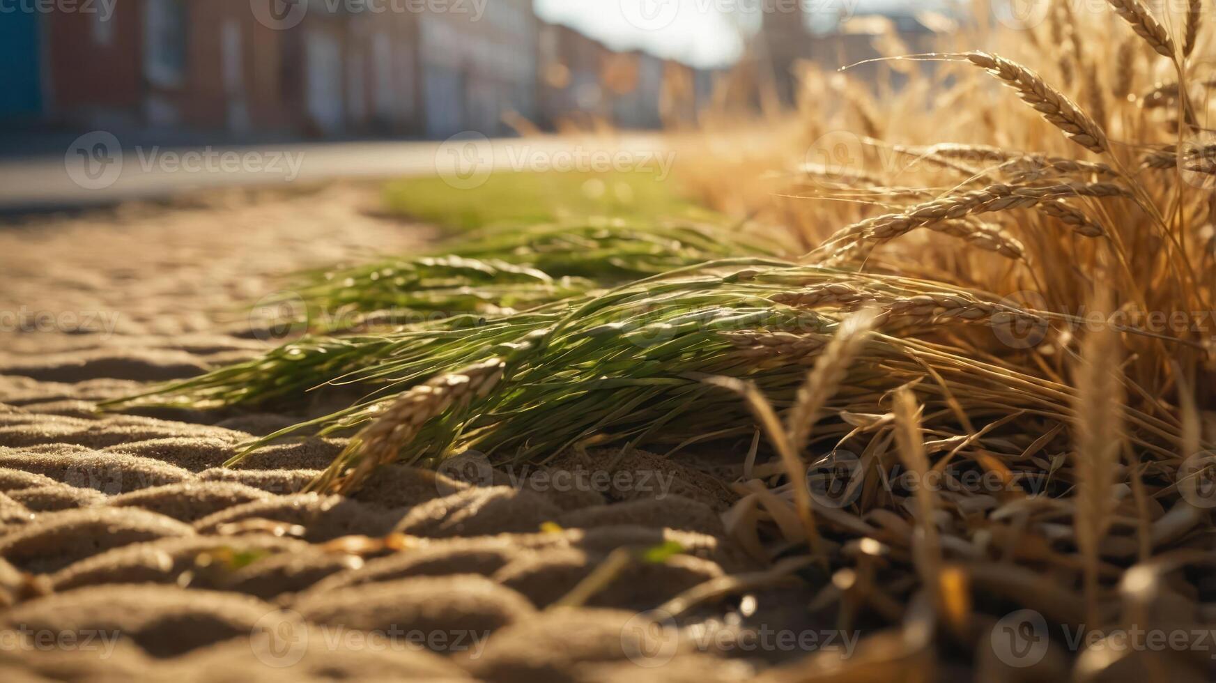 A close-up of wheat and grass on sandy ground, with a blurred background of buildings. photo