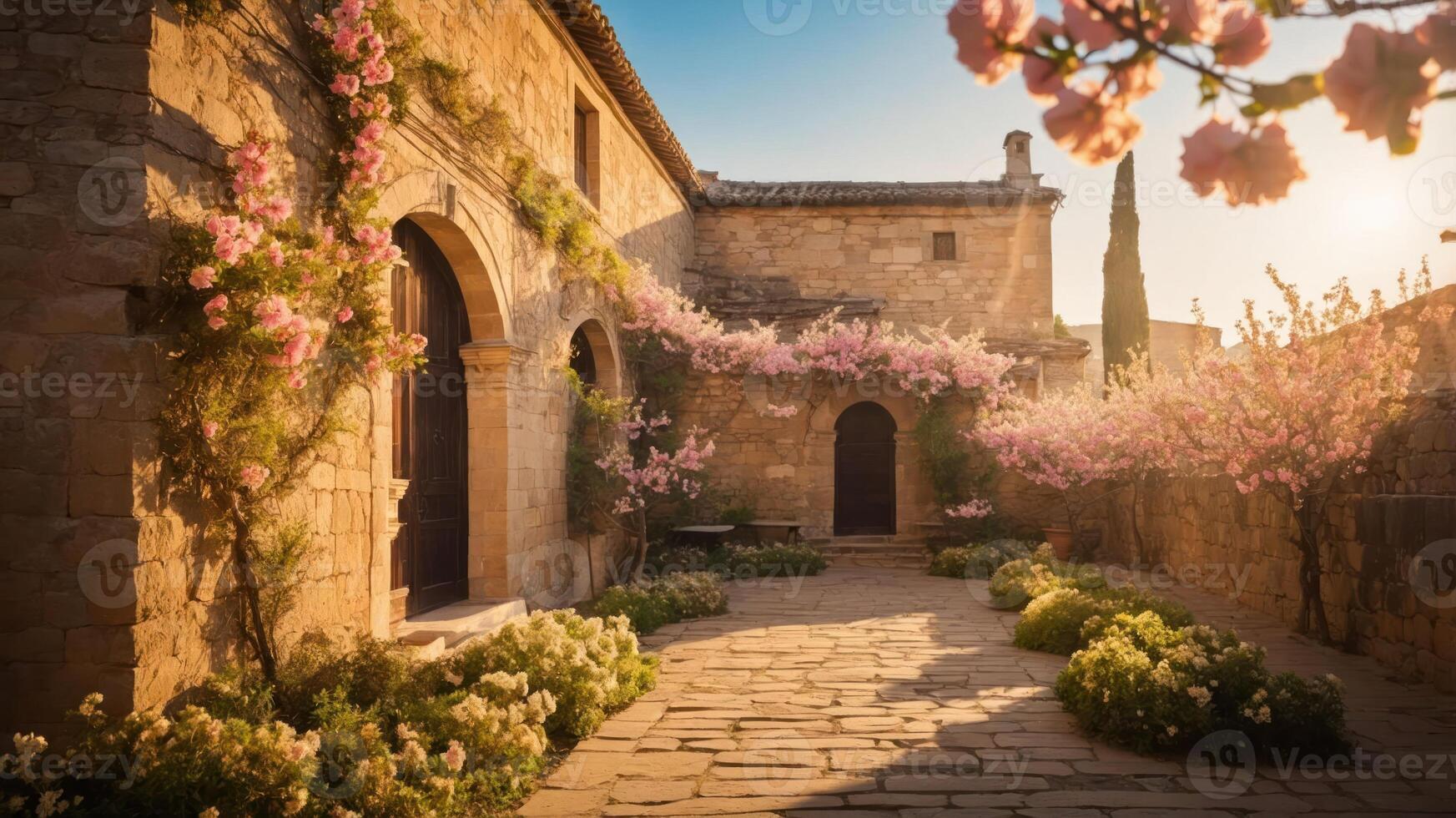 A serene courtyard adorned with blooming flowers and stone architecture, bathed in warm sunlight. photo
