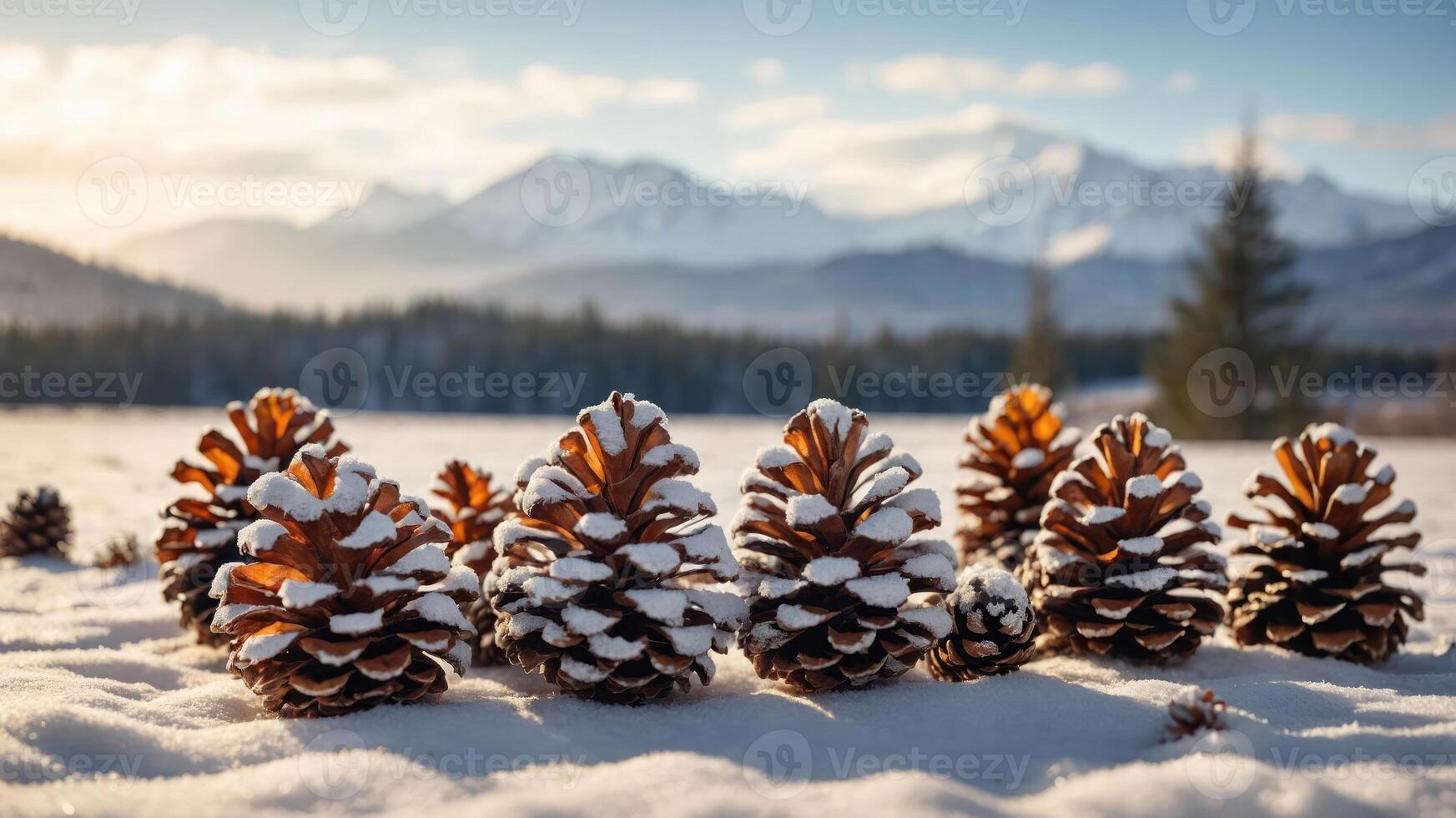 Snow-covered pine cones in a serene winter landscape with mountains in the background. photo