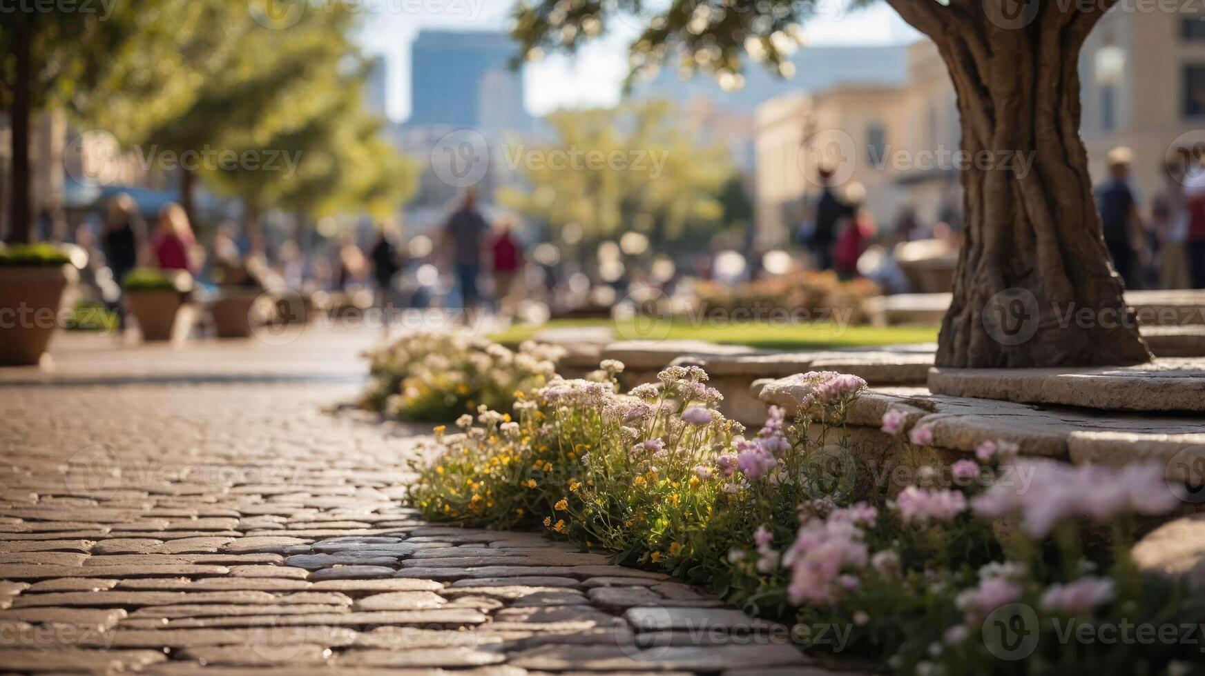 A vibrant urban scene with flowers lining a cobblestone path, people enjoying the outdoors. photo