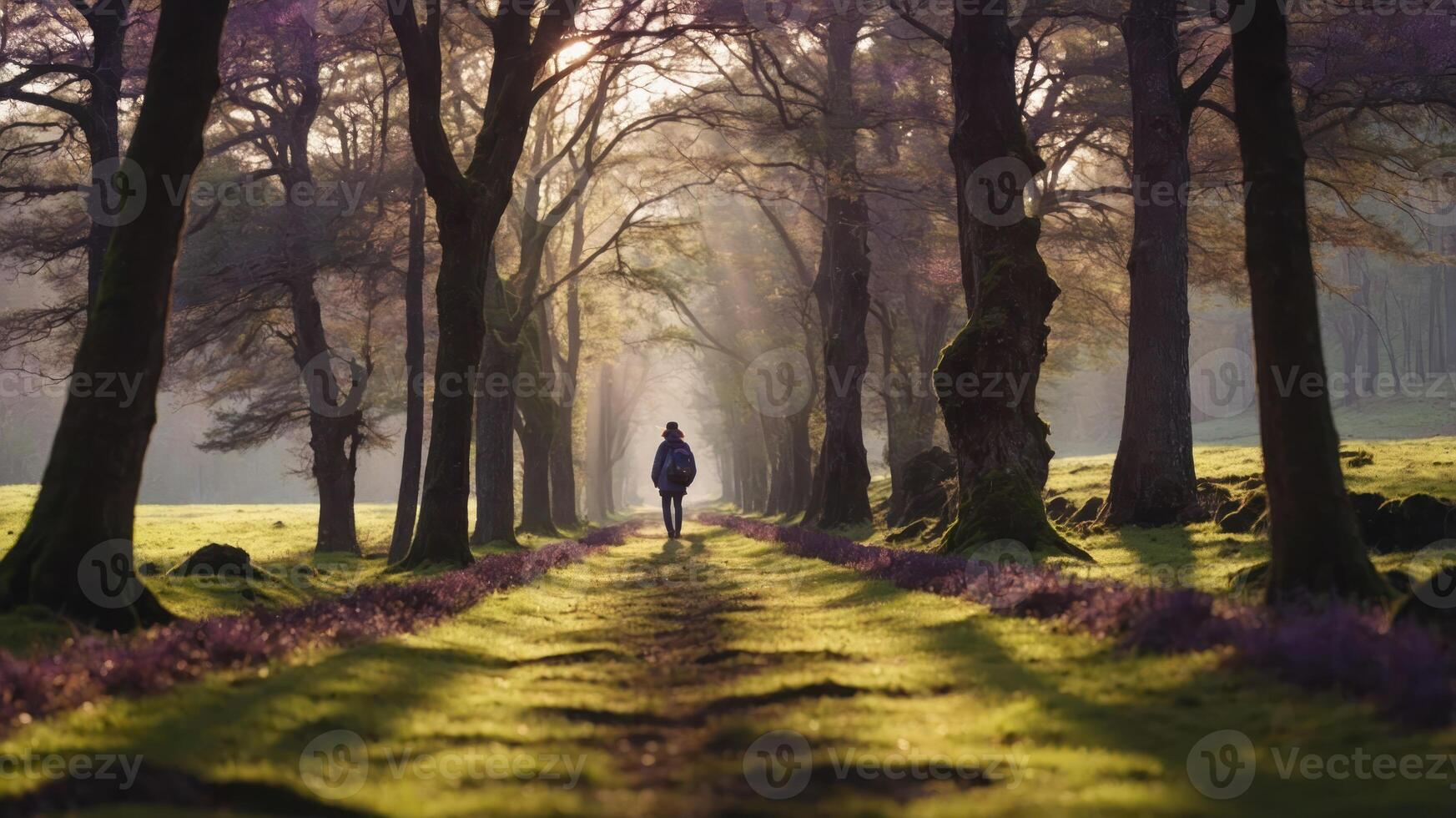 A serene path through a forest with sunlight filtering through trees and a solitary figure walking. photo