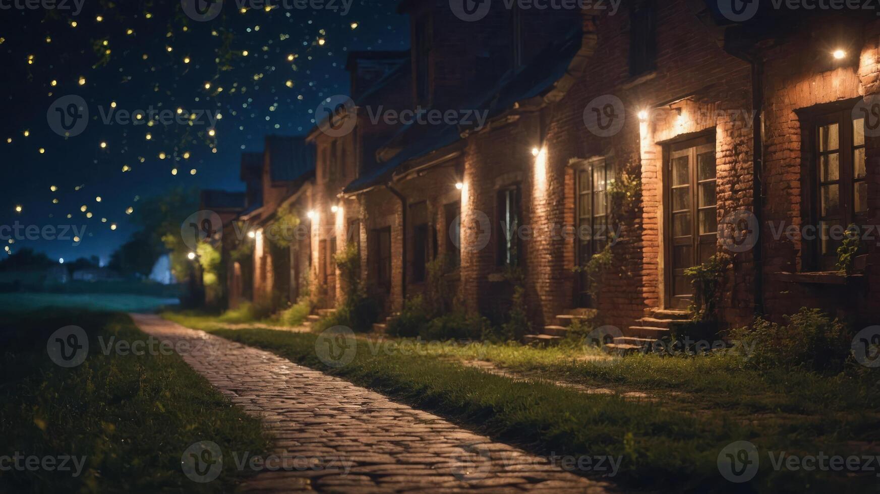 A serene night scene featuring cobblestone paths and illuminated brick houses under a starry sky. photo