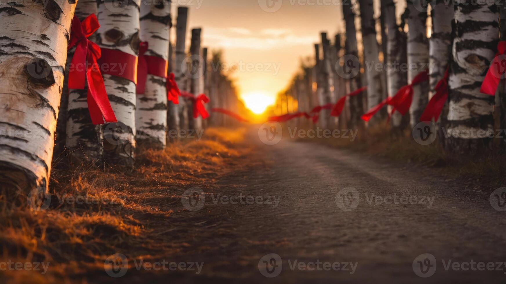 A serene path lined with birch trees adorned with red ribbons, leading towards a sunset. photo