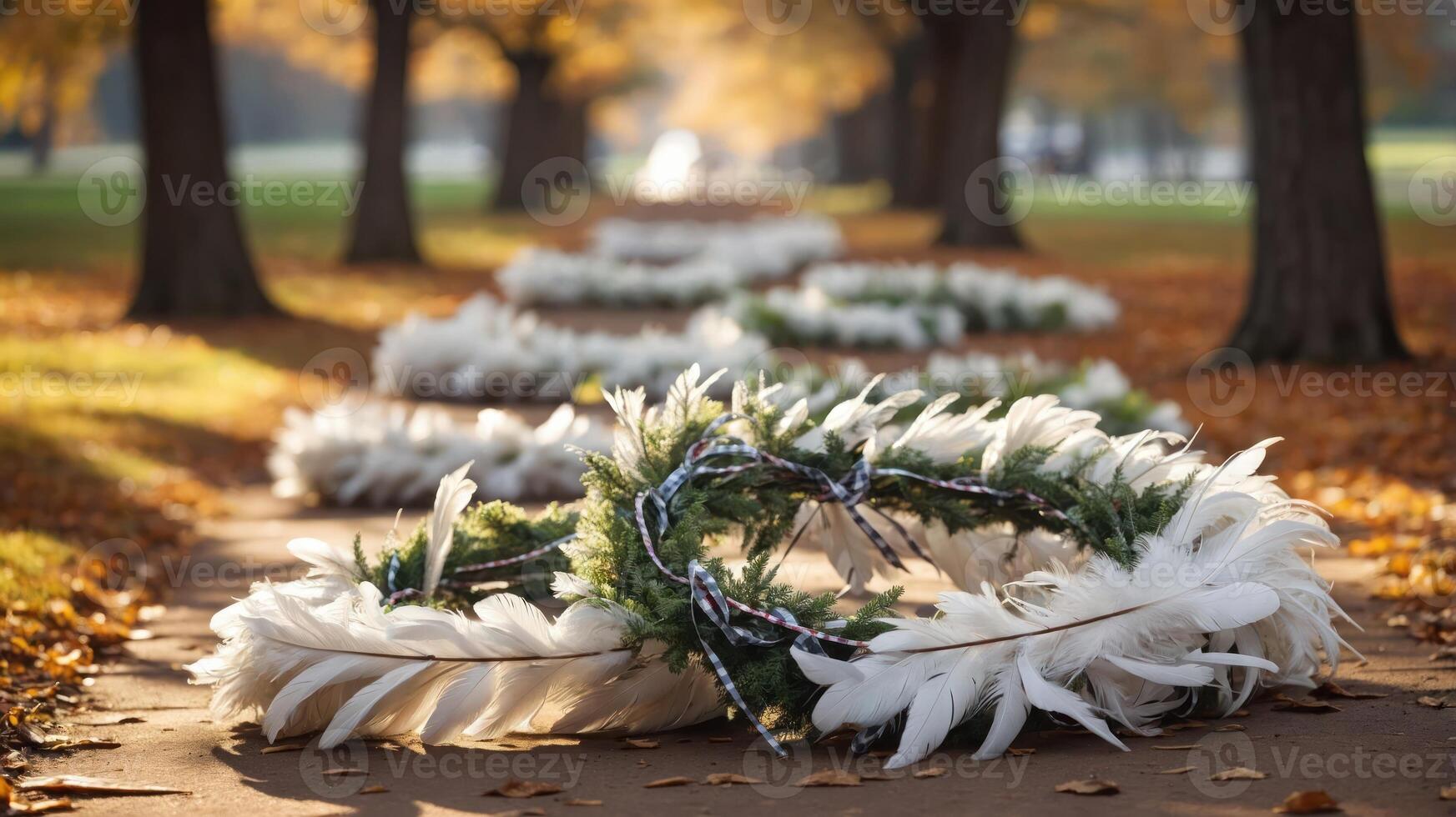 A serene path lined with decorative wreaths made of feathers and greenery amidst autumn leaves. photo