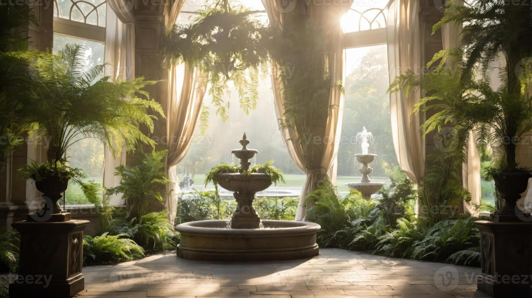 A serene indoor garden with a fountain, sunlight filtering through lush greenery. photo