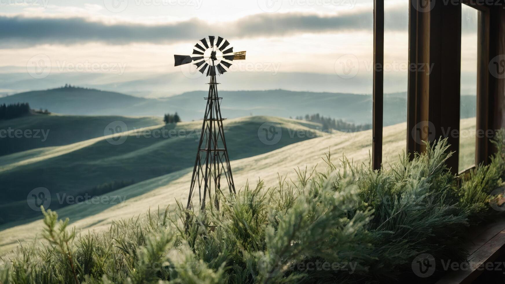 A scenic view of rolling hills with a windmill and lush greenery in the foreground. photo