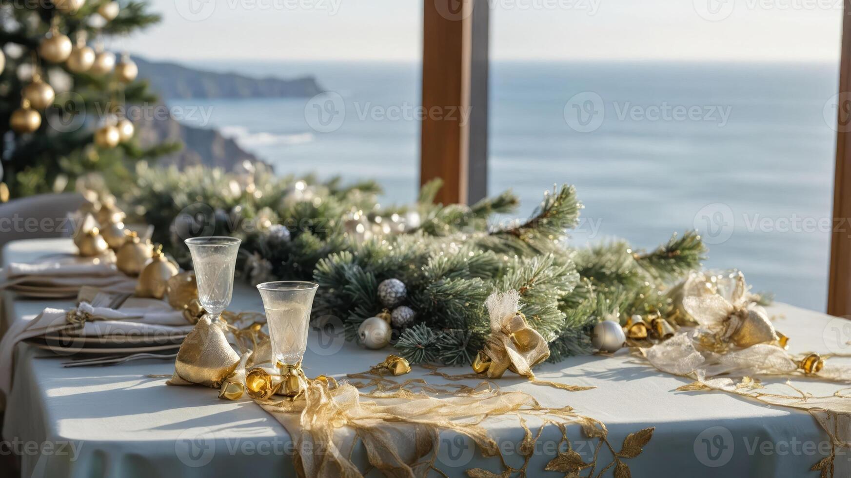 A beautifully decorated table for a festive occasion with a scenic ocean view. photo