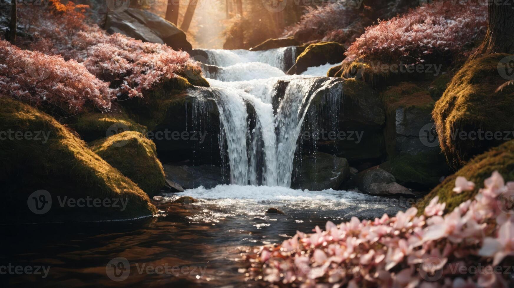 A serene waterfall surrounded by vibrant foliage and tranquil waters. photo
