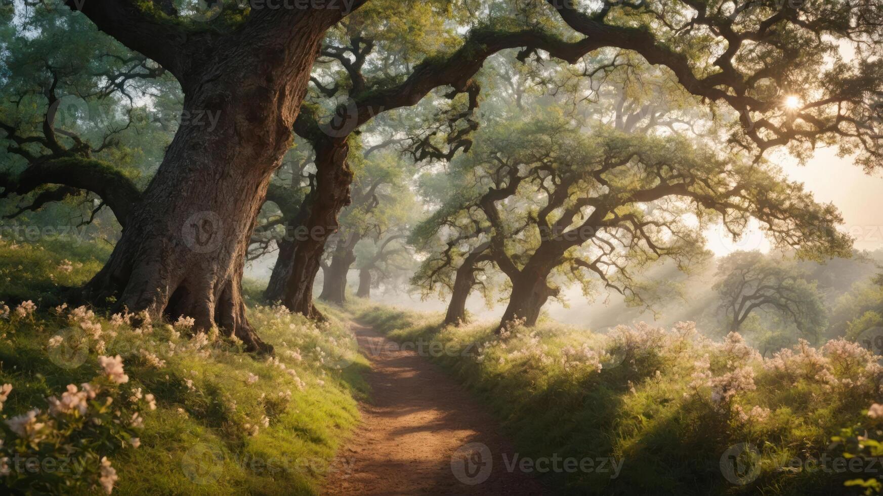 A serene forest path lined with trees and flowers, bathed in soft morning light. photo
