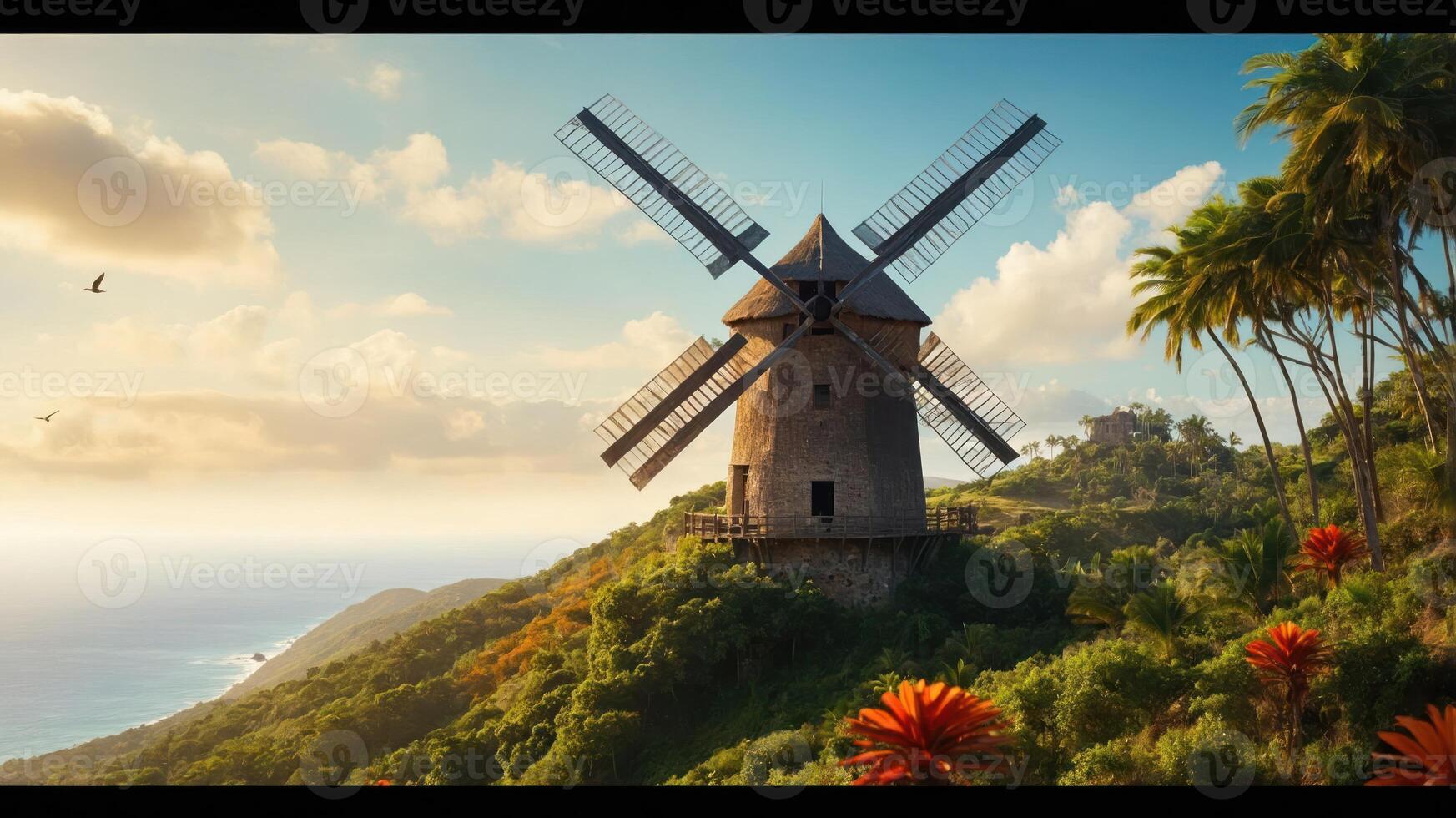 A scenic view of a windmill surrounded by lush greenery and vibrant flowers near the coast. photo