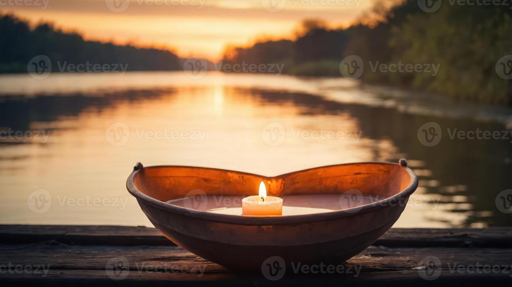 A serene sunset over a river, featuring a glowing candle in a decorative bowl. photo