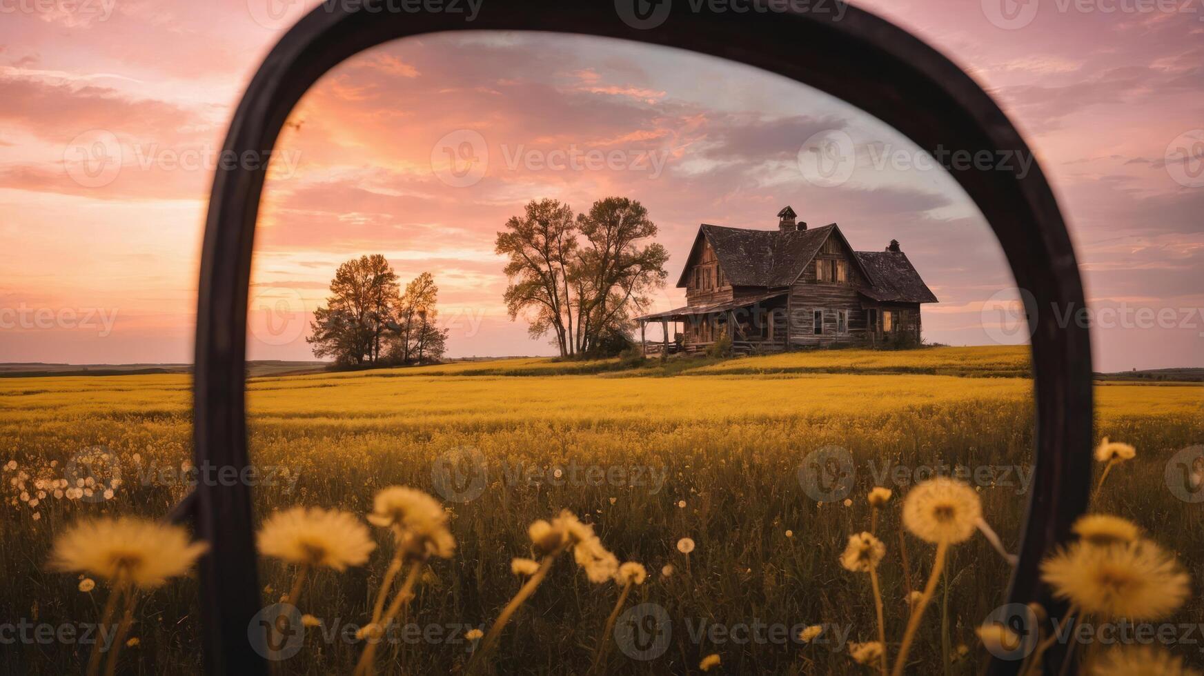 A serene countryside scene framed by a car mirror, showcasing a rustic house at sunset. photo