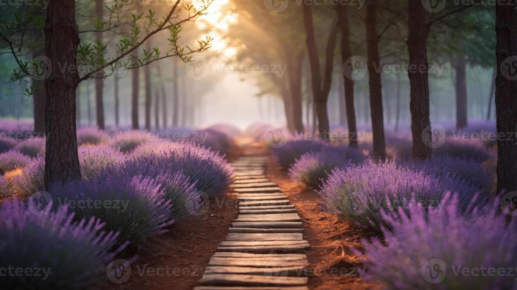 A serene lavender field with a wooden path, illuminated by soft sunlight through trees. photo
