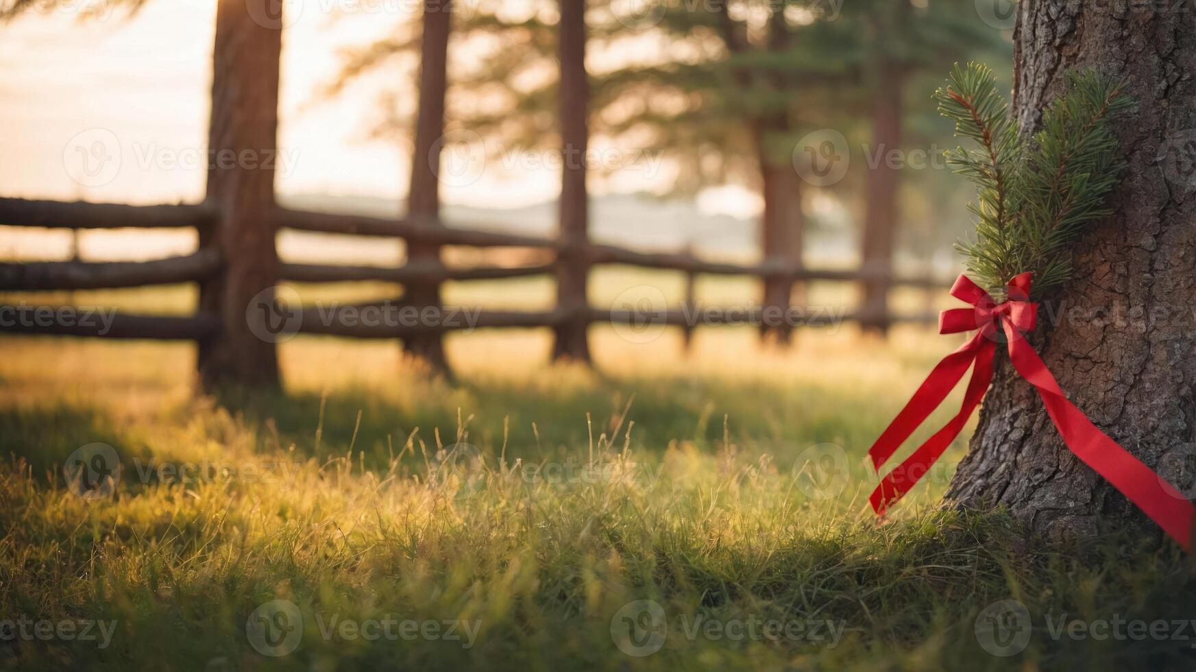 A festive scene featuring a tree adorned with a red ribbon and greenery in a serene landscape. photo