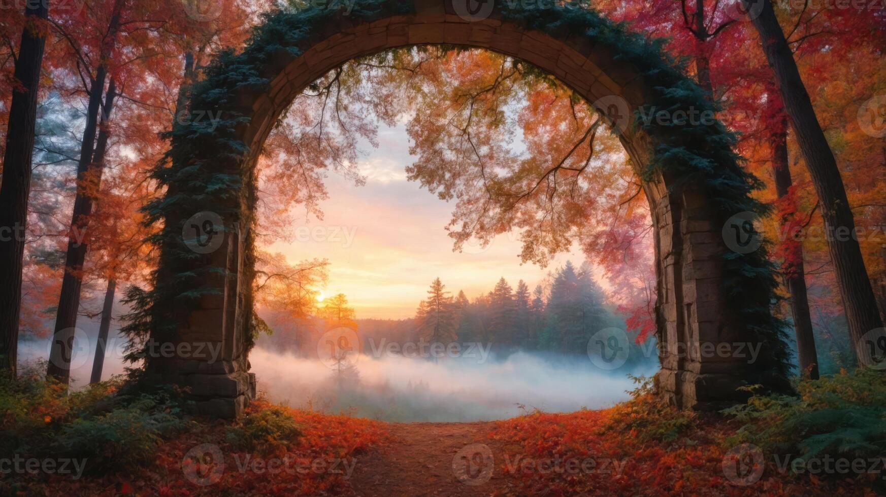 A picturesque archway in a vibrant autumn forest at sunset, with misty landscape beyond. photo