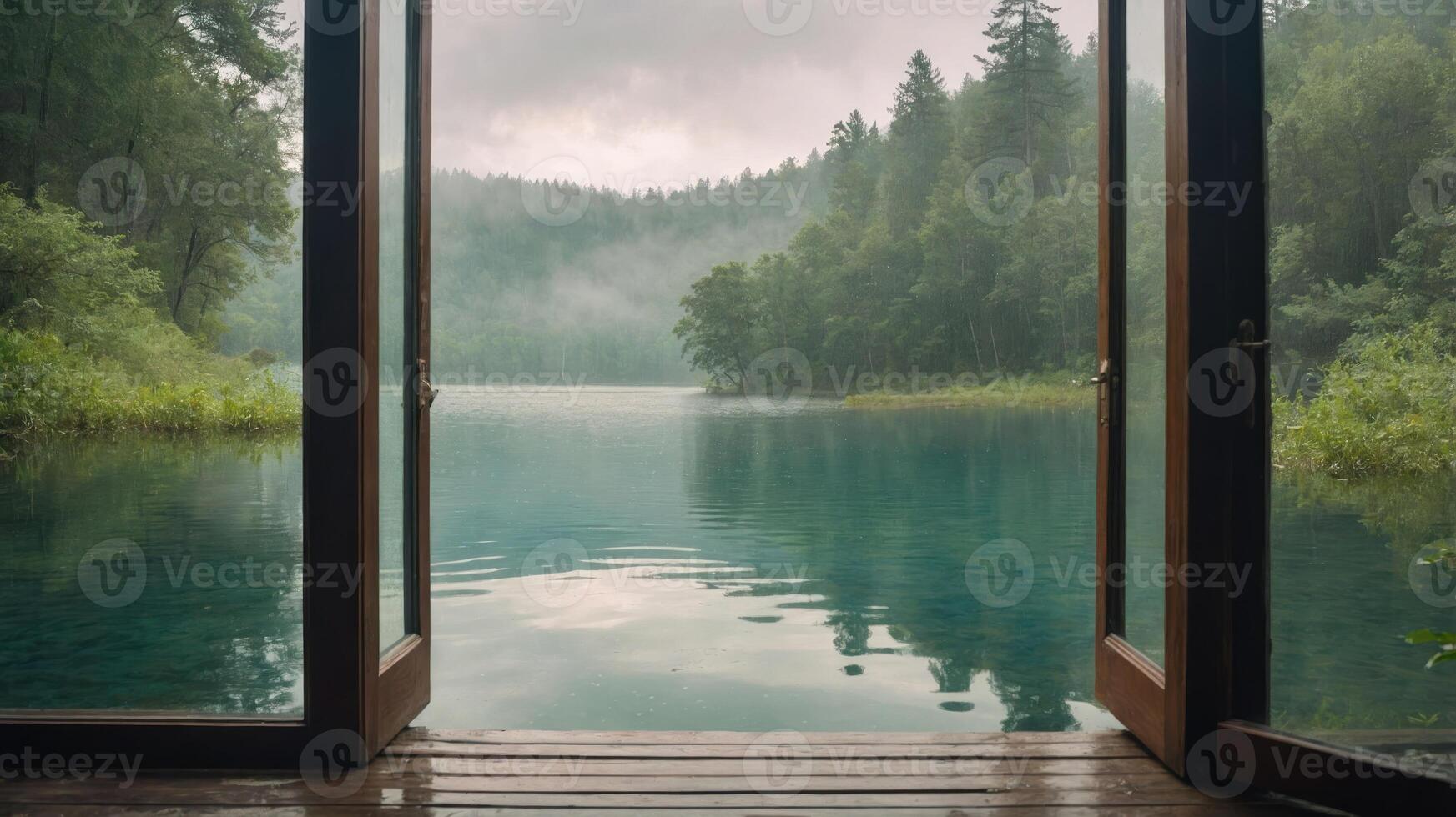 A serene view of a tranquil lake surrounded by lush greenery, seen through open doors. photo
