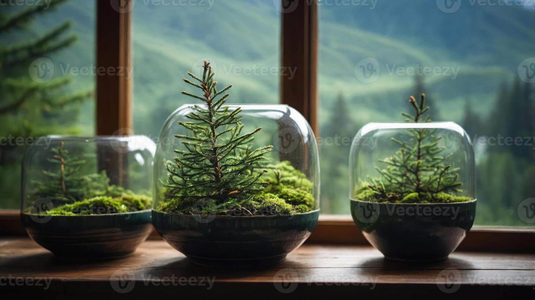A serene display of miniature pine trees in glass terrariums, set against a mountainous backdrop. photo