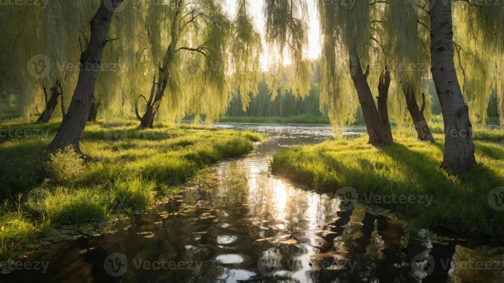 A serene riverside scene with willow trees reflecting in calm waters during golden hour. photo