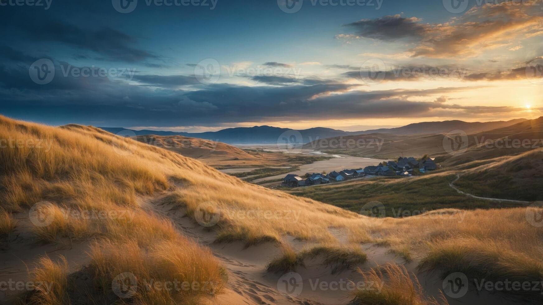 Serene landscape at sunset with rolling dunes and a distant village. photo