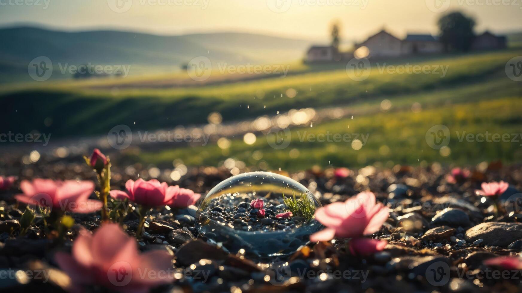 A serene landscape with flowers, a bubble, and a distant house under soft sunlight. photo