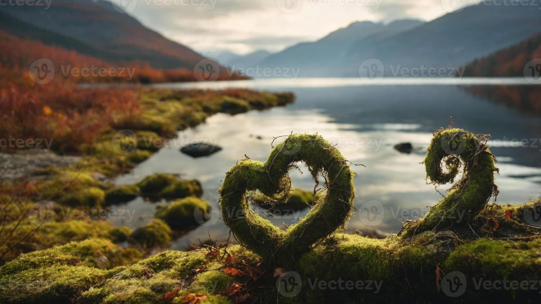 A serene landscape featuring moss-covered heart shapes by a tranquil lake amidst autumn colors. photo