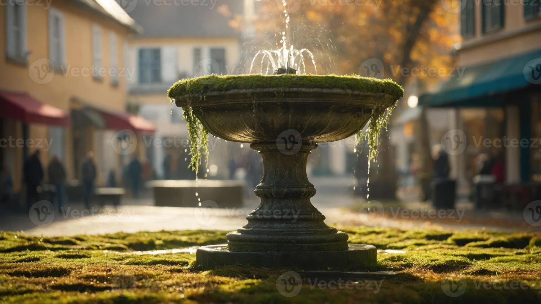 A serene fountain surrounded by greenery in a quaint, sunlit street. photo