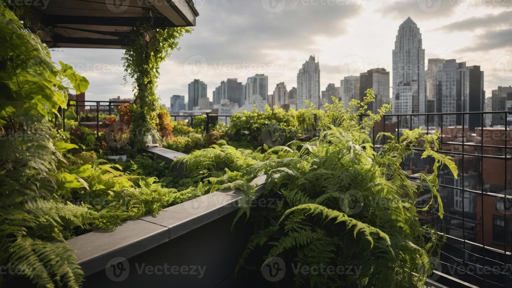 A lush rooftop garden with city skyline in the background. photo