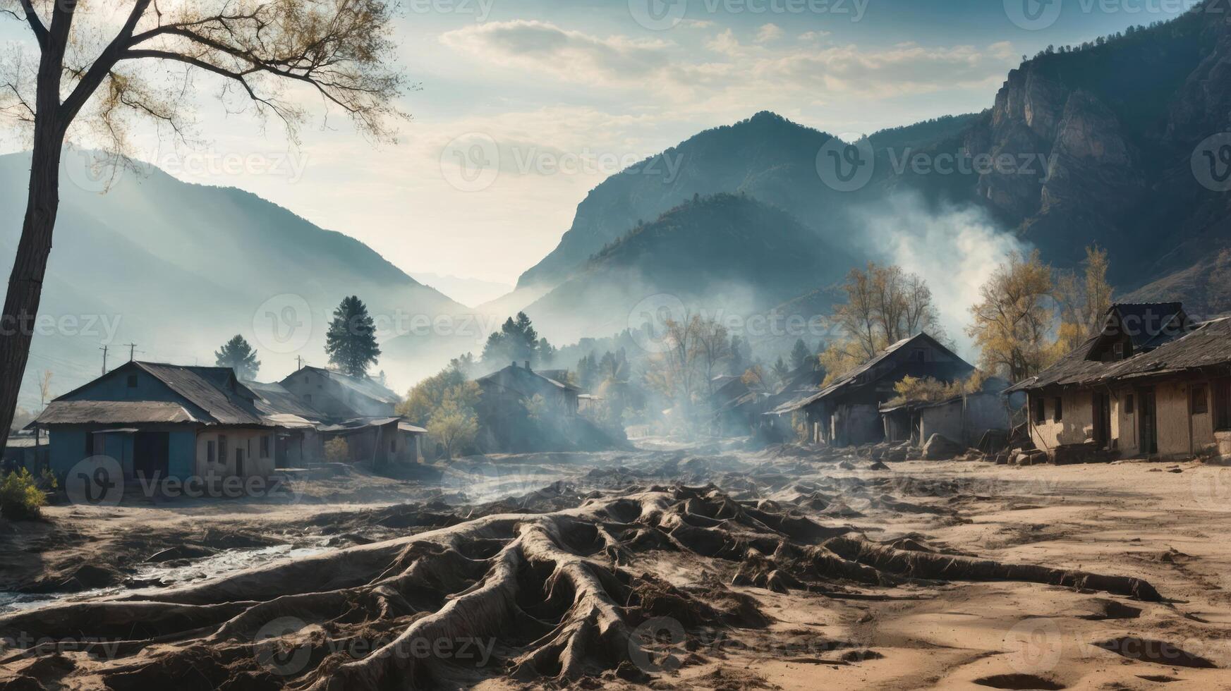 A serene landscape with rustic houses and mountains, shrouded in mist and smoke. photo
