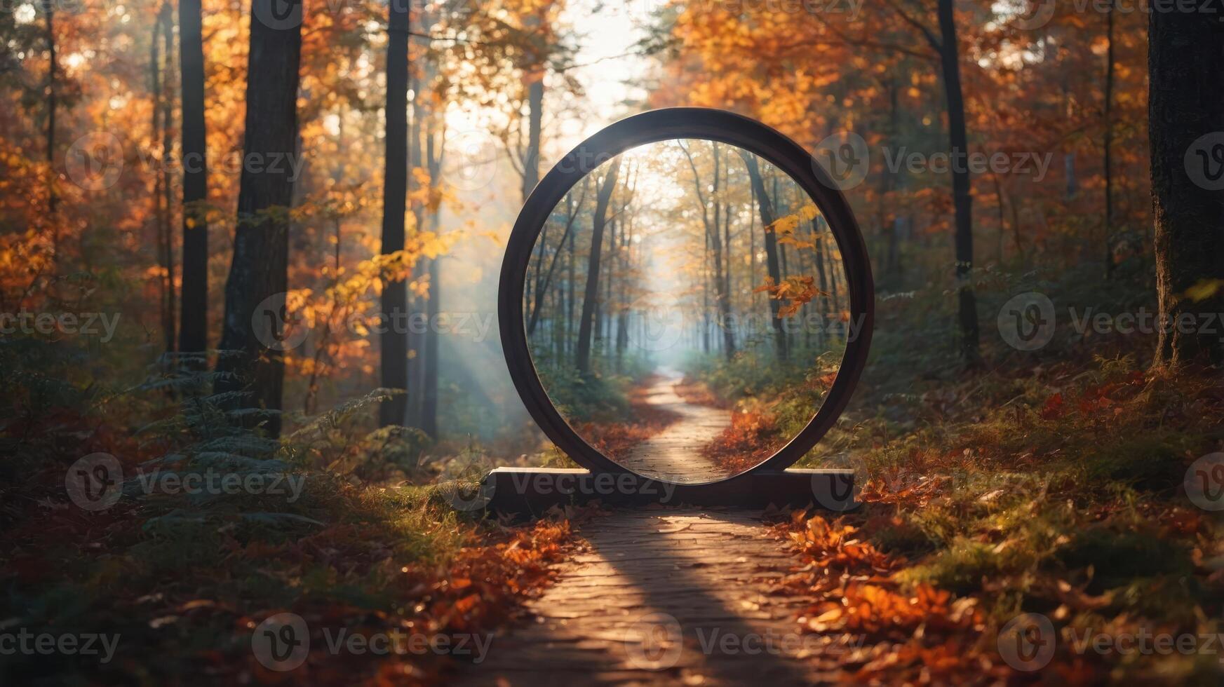 A serene forest path framed by a circular structure, showcasing autumn foliage and light. photo