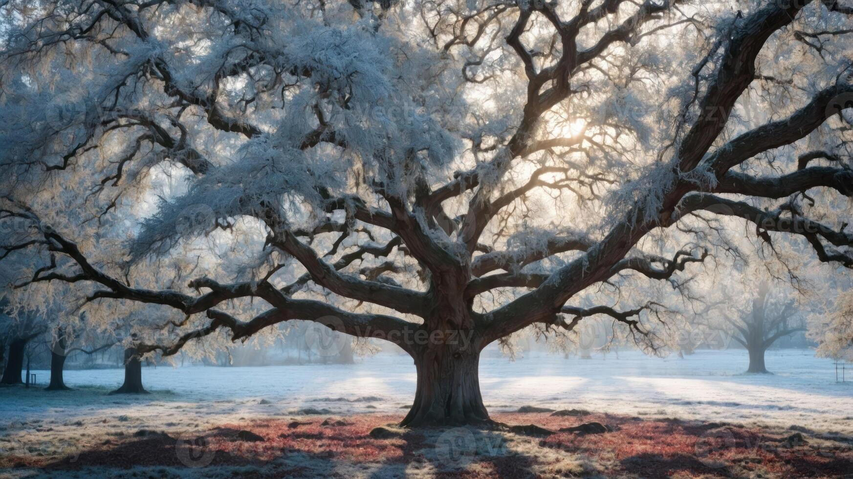 A majestic tree covered in frost, illuminated by soft sunlight in a serene winter landscape. photo