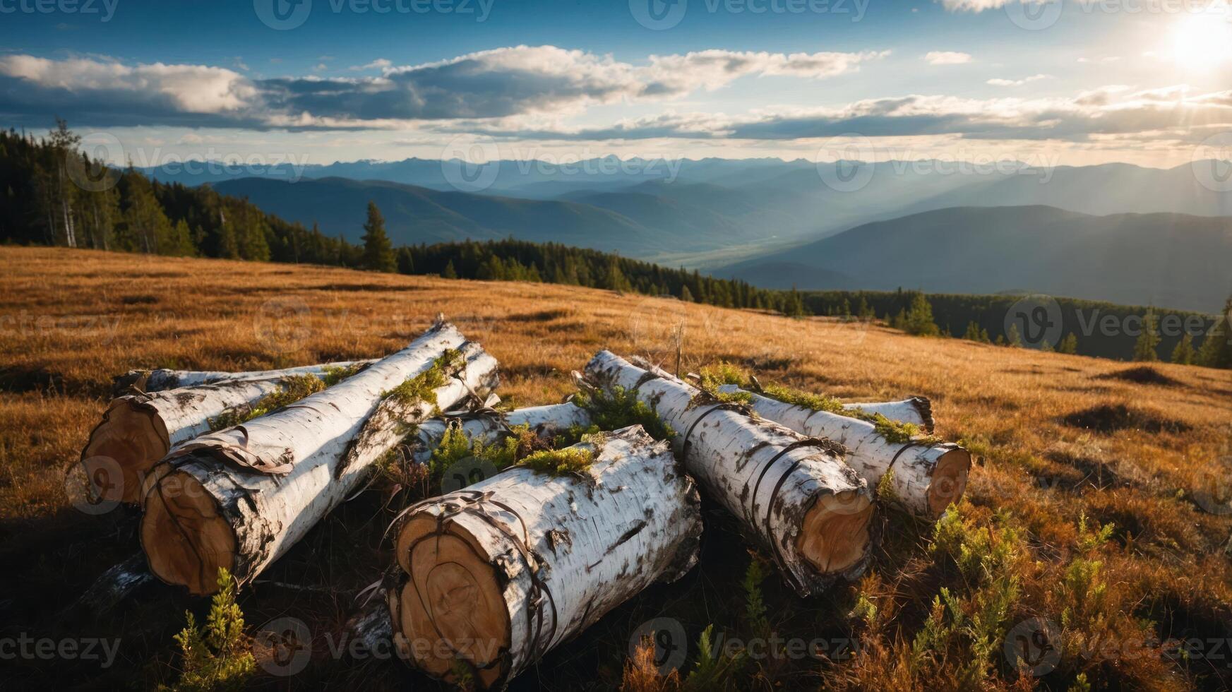 A serene landscape featuring birch logs on a grassy field with mountains in the background. photo