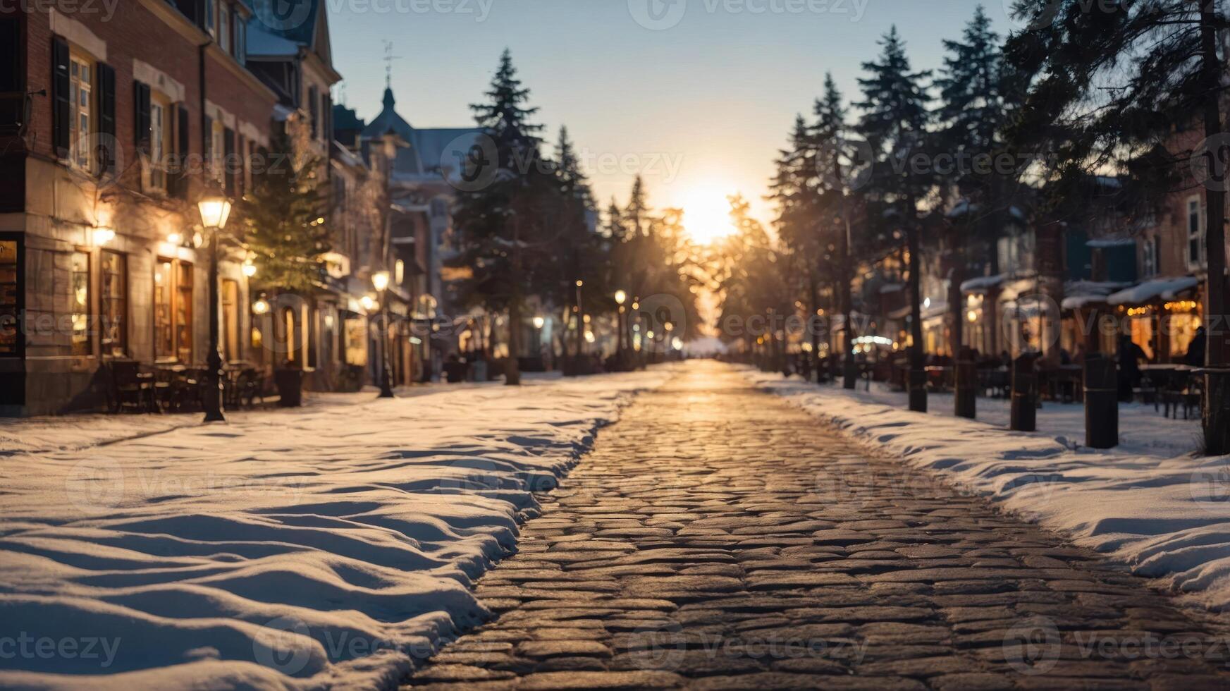 A serene winter street at sunset, lined with snow and illuminated by warm lights. photo