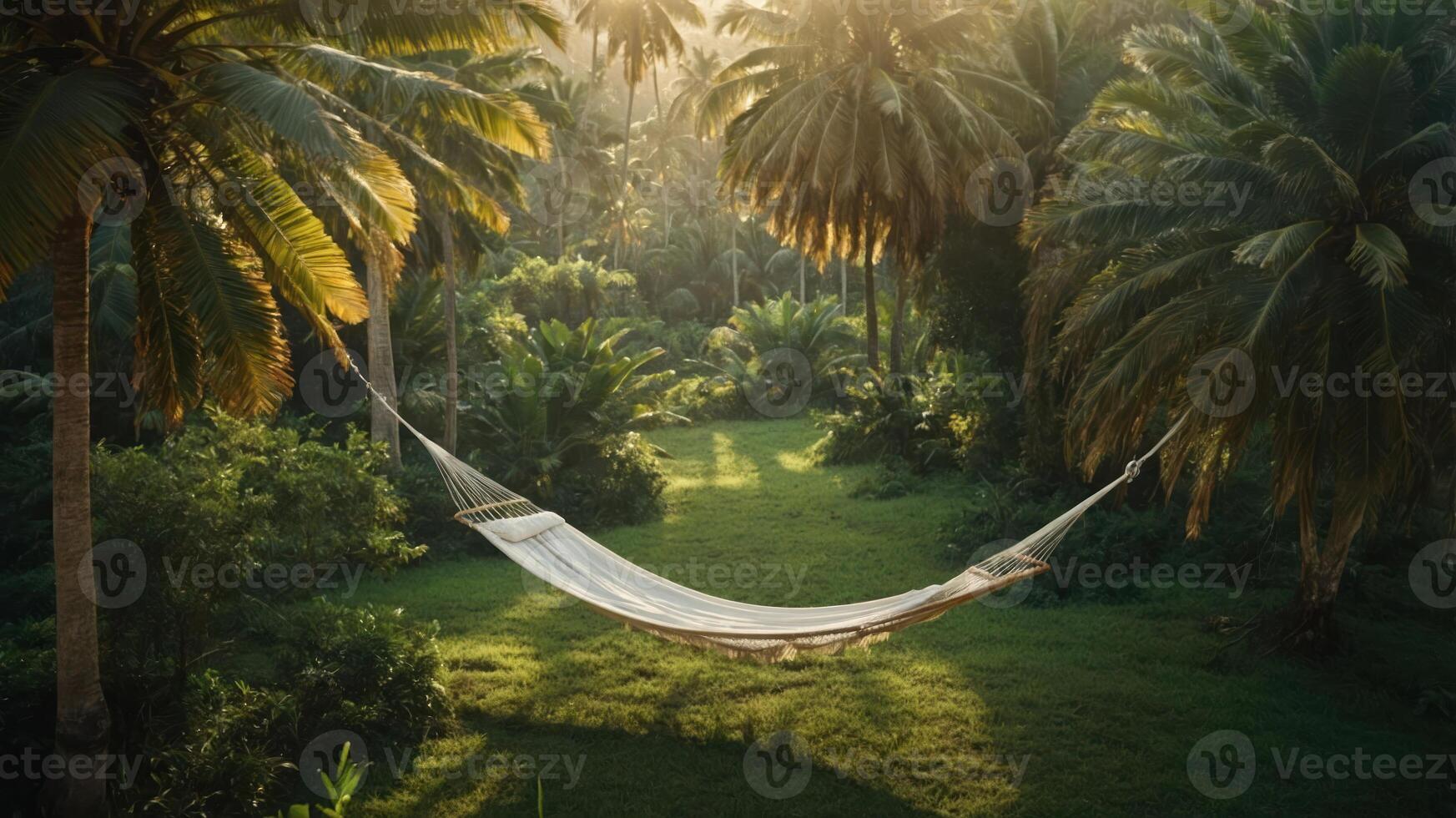 A serene hammock suspended between palm trees in a lush, green landscape at sunrise. photo