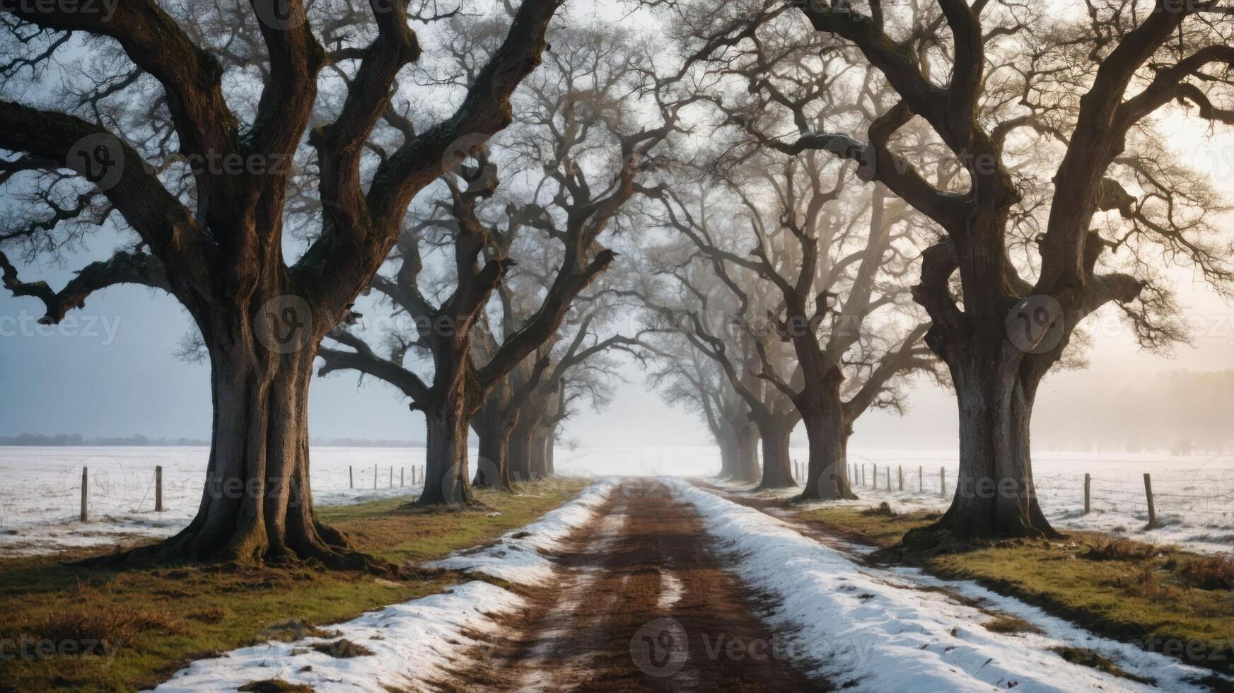A serene winter pathway lined with bare trees, creating a tranquil atmosphere. photo